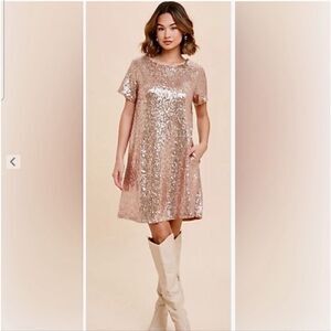 In Loom Baltic Born Rose Gold Sequin Shift Mini Dress Size L New